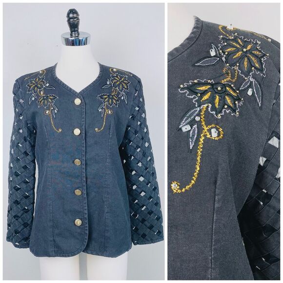 Vintage Black Linen Jacket Gold Floral Sheer Cage Sleeve Blazer / Size Medium - Picture 2 of 8